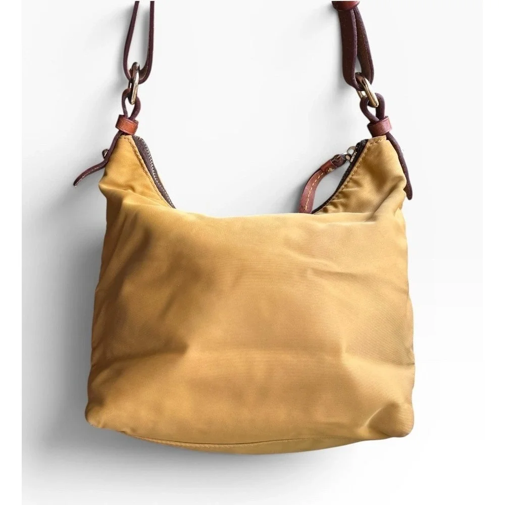 VTG Dooney Bourke Nylon Hobo Yellow Pink Lined Duck Logo Shoulder W/Leather Trim
